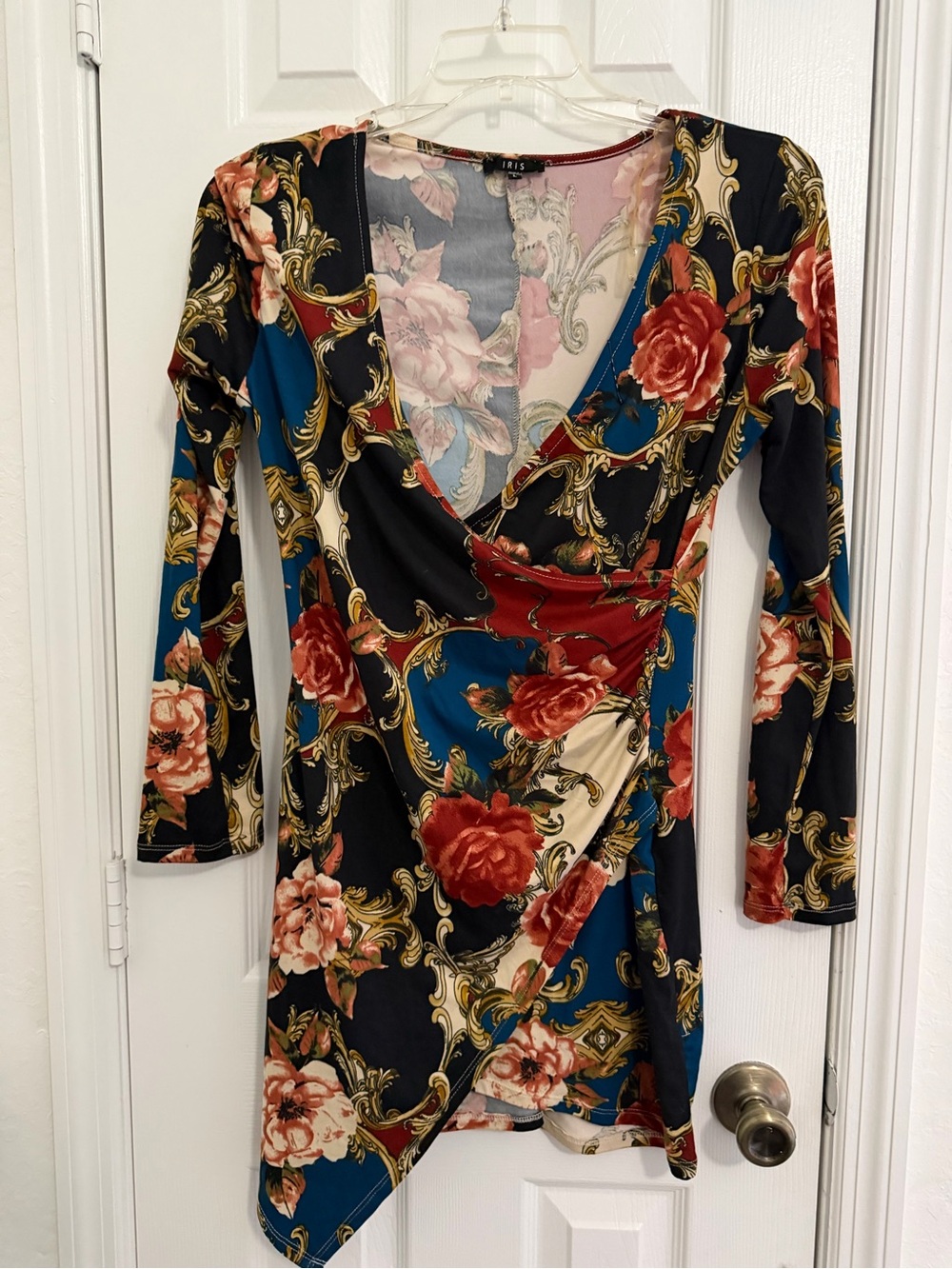 iris Floral Baroque Wrap Dress in Black, Blue & Red